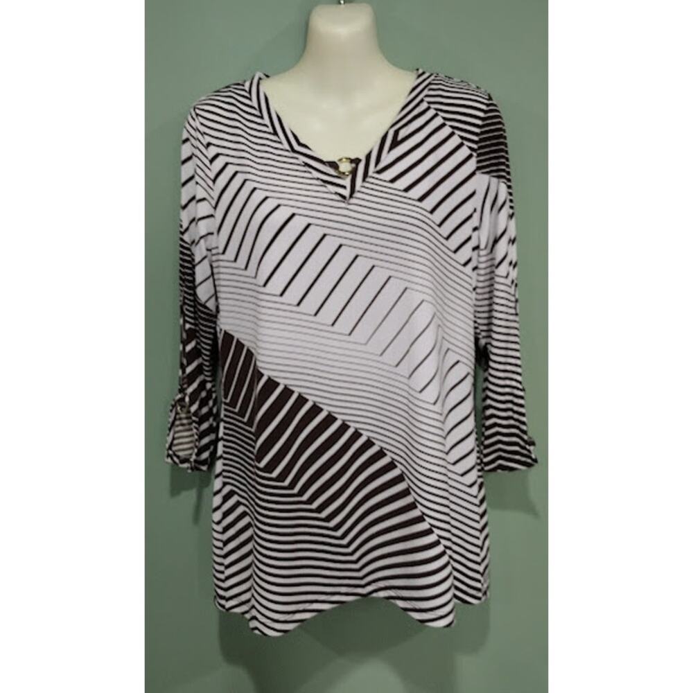 Chico's‎ 3/4 Sleeve Tunic Top with Striped Print, Brown/White, Size 0 (4)